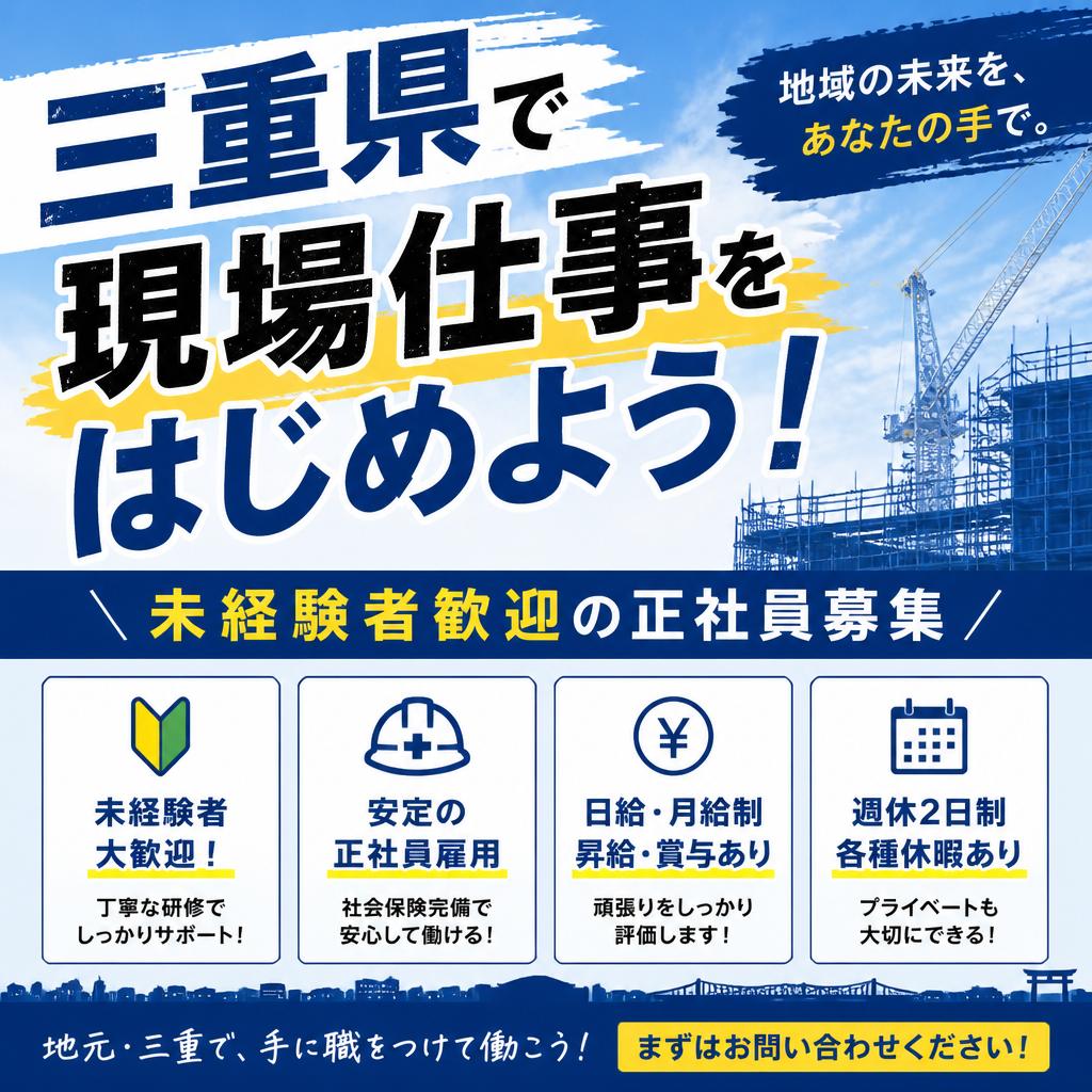 三重県で現場仕事をはじめよう！未経験者歓迎の正社員募集